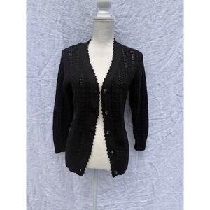 Wilfred Cardigan‎ Women Black Pointelle Scallop Trim V-Neck Sweater 2XS